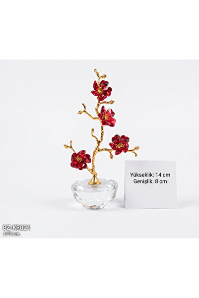 Hinora Kristal Kırmızı Çiçekli Dekoratif Ağaç Biblo 14x8 cm – Gold Dal Detayl...