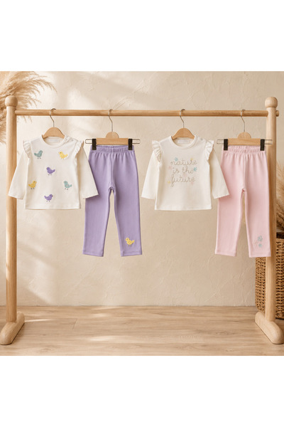 EDM Kidss %100 Pamuklu 2 Takım 4 Parça Kız Bebek Kuş Desenli Alt Üst Set – 2 Üst + 2 Pantolon Pembe Lila 3-12 Ay