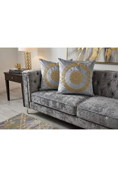 SEHARA 2 Adet Kadife Kırlent Kılıfı/40x40cm/Simli S.deri Işlemeli/Gri kadife üzeri Gold deri işlemeli