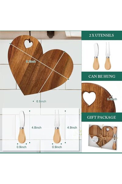 GENERAL Heart Shaped Cheese Board Set with Cheese Knives, Small Wooden Gift Box - Perfect for Bridal Shower and Wedding Ceremony