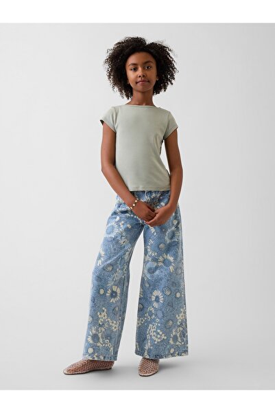 GAP Kız Çocuk Mavi Low Rise Çiçekli Baggy Jean Pantolon