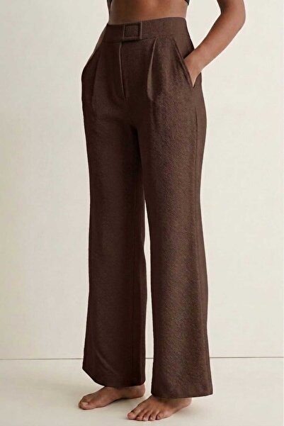 PORİENTO Brown Women's High Waist Stretchy Textured Crepe Fabric Wide Leg Pal...