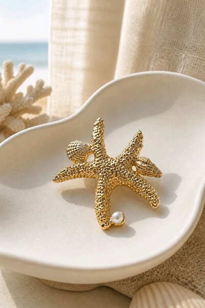 mosmoda Gold Deniz Yıldızı Midye Broş, Uzunluk: 5cm, Genişlik: 4,5cm