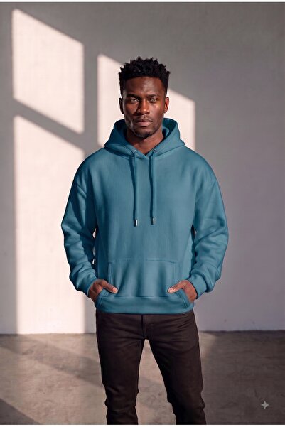 thefun fashion Men's Petrol Blue Hooded Oversize Fit Cotton 3 Thread Pocket S...