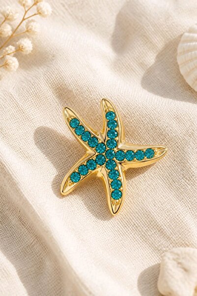 mosmoda Gold Mavi Taşlı Deniz Yıldızı Broş, Uzunluk: 4,5cm, Genişlik: 4cm