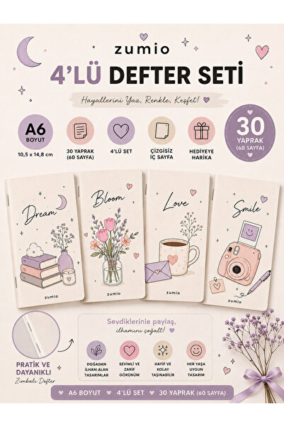 zumio A6 Çizgisiz Defter 4'lü Set 30 Yaprak 60 Sayfa Mini Not Defteri Sevimli Tasarımlar