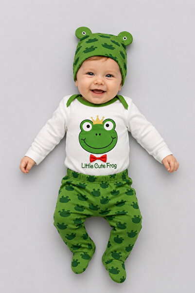 %100 Pamuk Kurbağa Desenli Bebek Zıbınlı Alt Üst Set Şapkalı Patikli Unisex 3lü Takım 3-6 Ay