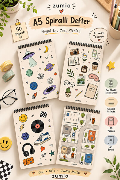 zumio A5 Spiralli Çizgisiz Defter 4'lü Set 50 Yaprak PVC Plastik Spiral Özel ...
