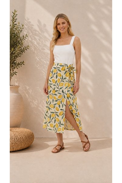 moda benna Women's Lemon Patterned Skirt with Belt, Internal Buttons, Adjustable Waist, Double-Breasted, Summer Casual Wrap
