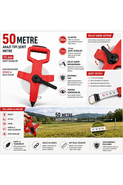 Altınkayaticaret 50 Meter Land Type Tape Measure 13 mm White Tape – Measurement Meter for Land, Garden, Field and Construction Site