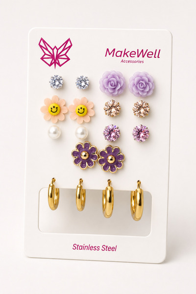 MakeWell 9 Pairs Earrings Set – 7 Pairs Stud Rhinestone Flower Pearl Earrings...