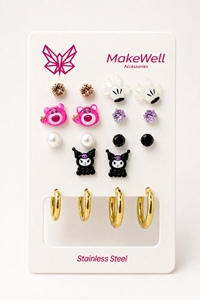 MakeWell 9 Pairs of Women's Earring Set – 7 Pairs of Pink Teddy Bear Hand Fig...