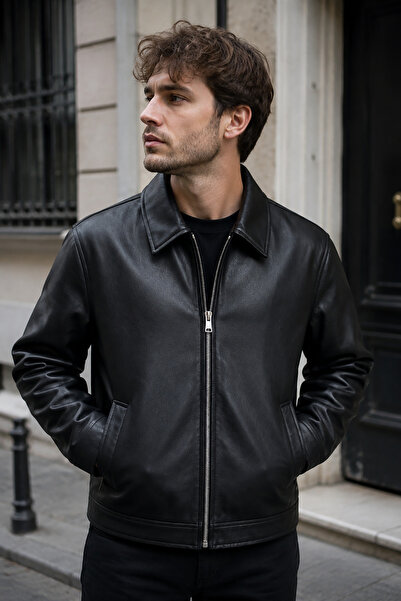 Bossago Men's Black Leather Jacket Zippered Regular Fit Premium