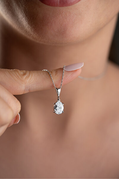 Silvano Jewelry 925 Ayar Gümüş Oval Taşlı Pırlanta Model Kolye