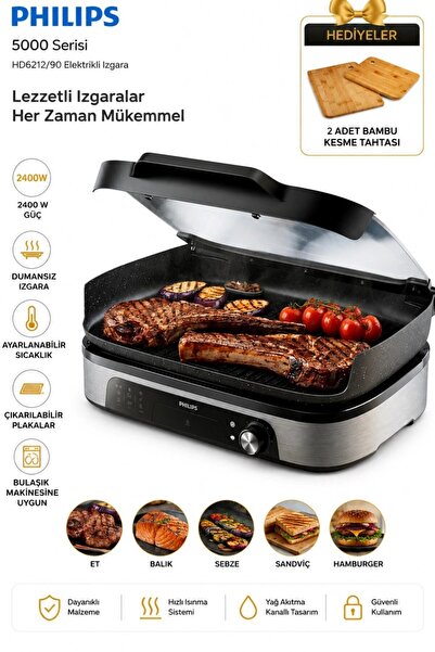 Philips 2400W Elektrikli Izgara Cam Kapaklı Et Balık Sebze ve Mangal İçin Gen...