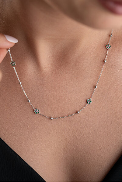 Silvano Jewelry 925 Ayar Gümüş Yeşil Taşlı Rodyum Kaplama Çiçek Model Şans Kolye