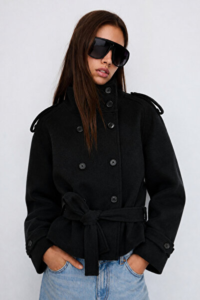 Moderk Women's Stand Collar Cashmere Pocket Lined Belted Coat
