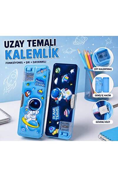 Tatlı Sebep Uzay Temalı Kalemtraşlı Fonksiyonel Şık Dayanıklı Kalem Kutusu
