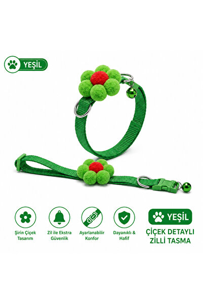 Baron Pet Ponpon Çiçek Süslemeli Zilli Kedi Tasması Ayarlanabilir Emniyet Tok...