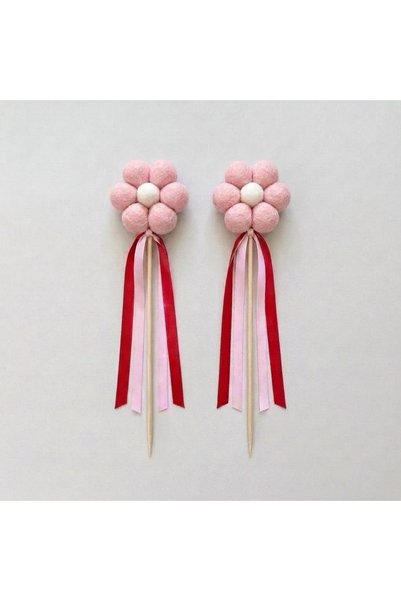 Ca.Gi Handmade Pink Pompom Flower Figured Cake Decoration with Ribbon Detail, 2-Piece Cake Decoration - 2 Pieces