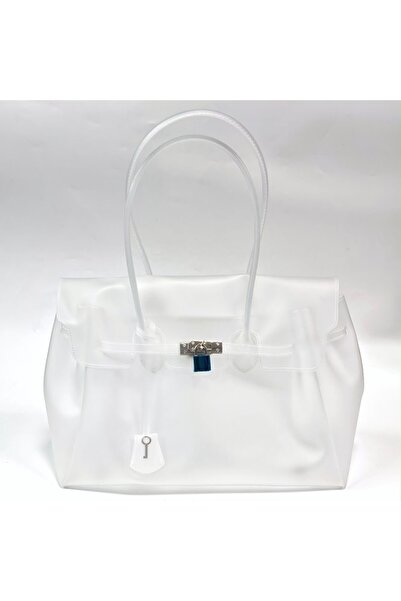 BAGS شنطة جيلي شفافة خفيفة ومقاومة للماء – مقاس 35×24×17 سم - لون ابيض سادة