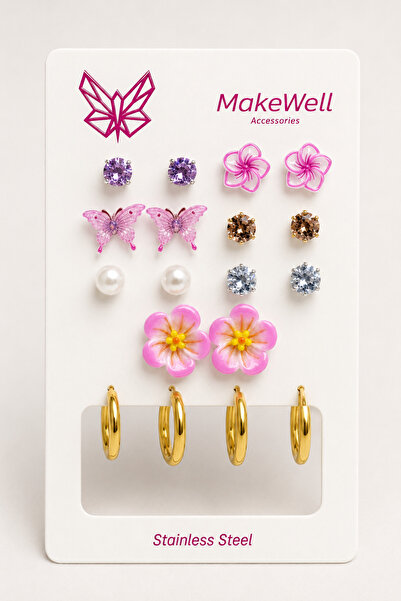 MakeWell 9 Pairs Women's Earrings Set - 7 Pairs Pierced Pink Butterfly Flower...