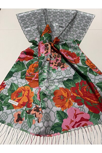 ipekevi Ice White Mono Rose Bouquet Patterned Silk Shawl