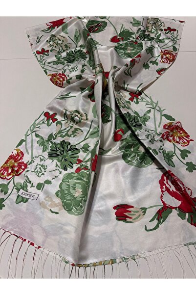ipekevi White Sky Blue Patterned Silk Shawl