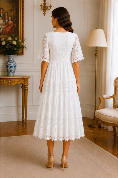 Italy Moda Rochie din matase si vascoza cu insertii de dantela