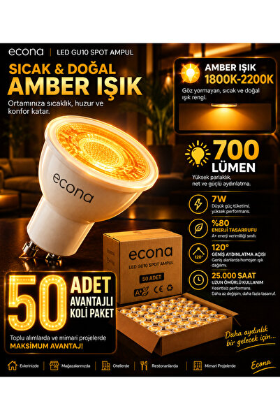 ECONA 50 ADET AMBER 7W GU10 Duy LED Spot Ampul 50’li Koli Paket ,700 Lümen Sı...