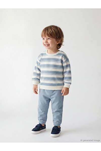 LC Waikiki Lcw Baby Beige Crew Neck Striped Baby Boy Sweatshirt and Sweatpants