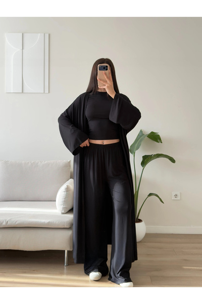 Zoom Butik Üçlü Hırkalı Viskon Takım - SİYAH