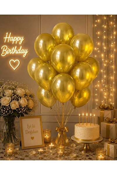 Partixa Gold Metalik Lateks 10'lu Balon Demeti - Parlak Altın Sarısı Doğum Gü...