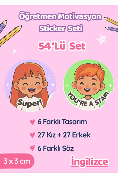 Miko Miko Şeyler 54’lü İngilizce Öğretmen Motivasyon ve Ödev Sticker Seti / K...