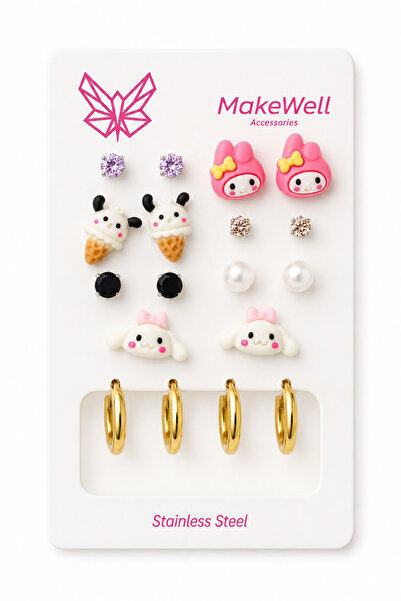 MakeWell 9 Pairs Women's Earring Set – 7 Pairs Cute Character Ice Cream Pearl...