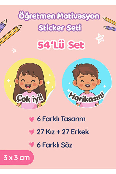Miko Miko Şeyler 54’lü Öğretmen Motivasyon ve Ödev Sticker Seti / Kız-Erkek E...