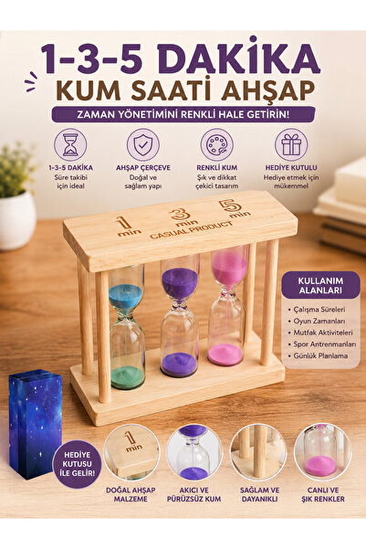 ALL FAST 1-3-5 Dakika Ahşap Kum Saati 3’lü Renkli Zamanlayıcı Dekoratif Masaü...