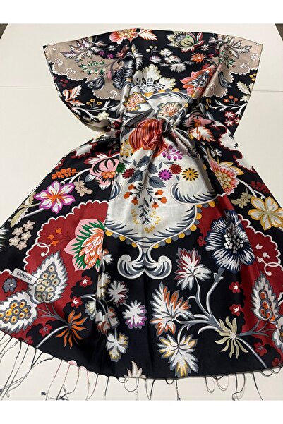 ipekevi Black Crown Leaf Patterned Silk Shawl