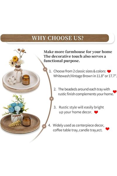 GENERAL Bokila Decorative Wooden Serving Tray: Round White Washed Beaded Tray for Coffee Table Decor, Trays
