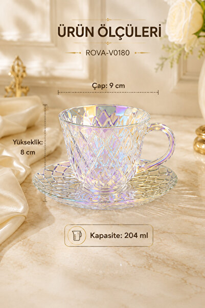 rova tr İridyum Cam Çay Fincanı Takımı 6 Kişilik 12 Parça 204 ml Elmas Desenli