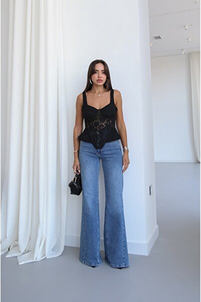 Havoş Blue Wide Leg Jeans with Side Stitching Detail