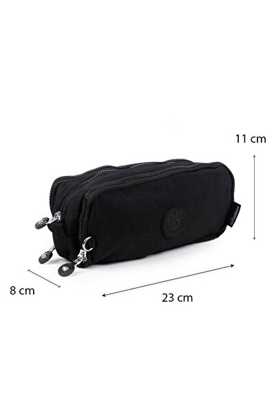 İMAKS Large Size Crinkle 3 Zipper Pen Holder Mobile Phone Makeup Hand School Bag Wallet Black 1415K