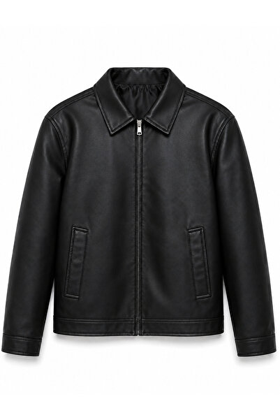 Montivo Men's Black Premium Shirt Collar Zippered Faux Leather Jacket