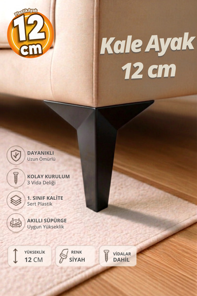 PlastikAyak Kale Lüks Mobilya Kanepe Koltuk Tv Ünitesi Ayağı 12 Cm Siyah Plas...