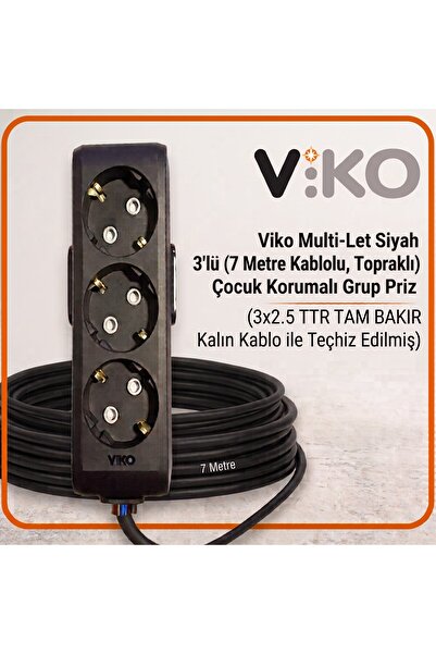 VİKO Multi-Let Siyah 3'lü 7 Metre Topraklı Çocuk Korumalı Grup Priz (3x1.5 TT...