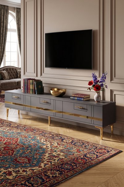 YUMEDİ DESİGN TSA1842AG - İLAY TV STAND , TV SEHPASI 180cm ANTRASİT-GOLD