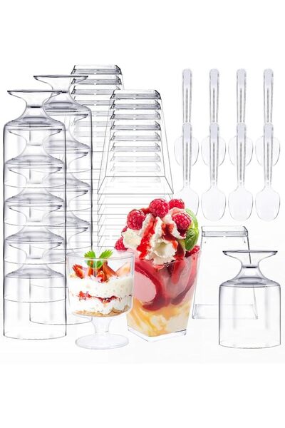 GENERAL 5oz Disposable Dessert Cups with 50 Clear Plastic Square Parfait Cups...
