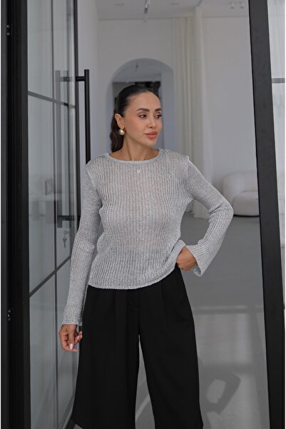 Havoş Silver Transparent Glittery Long Sleeve Knitwear