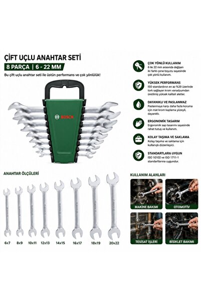 TuğraÇelik Bosch 1600A03HM8 Ağzı Açık Anahtar Seti 8 Parça 6-22 mm