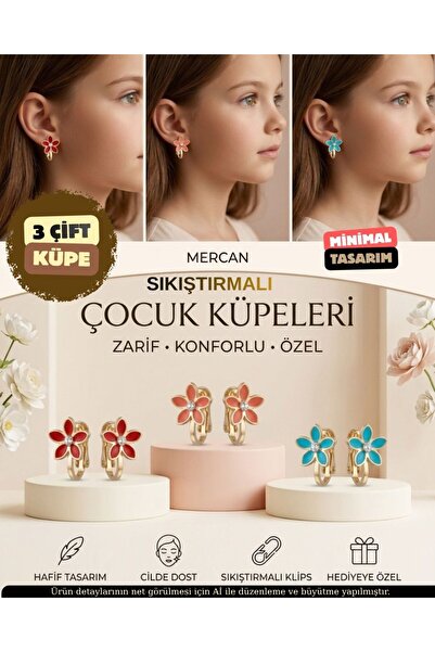 ZERİUM Non-Perforated Compressed Girls' Earring Set with 3 Enamel Flower Mode...